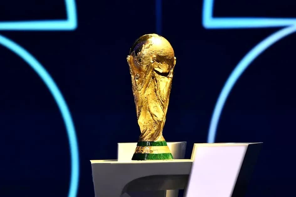 FIFA World Cup trophy displayed on podium FIFA World Cup trophy displayed on podium