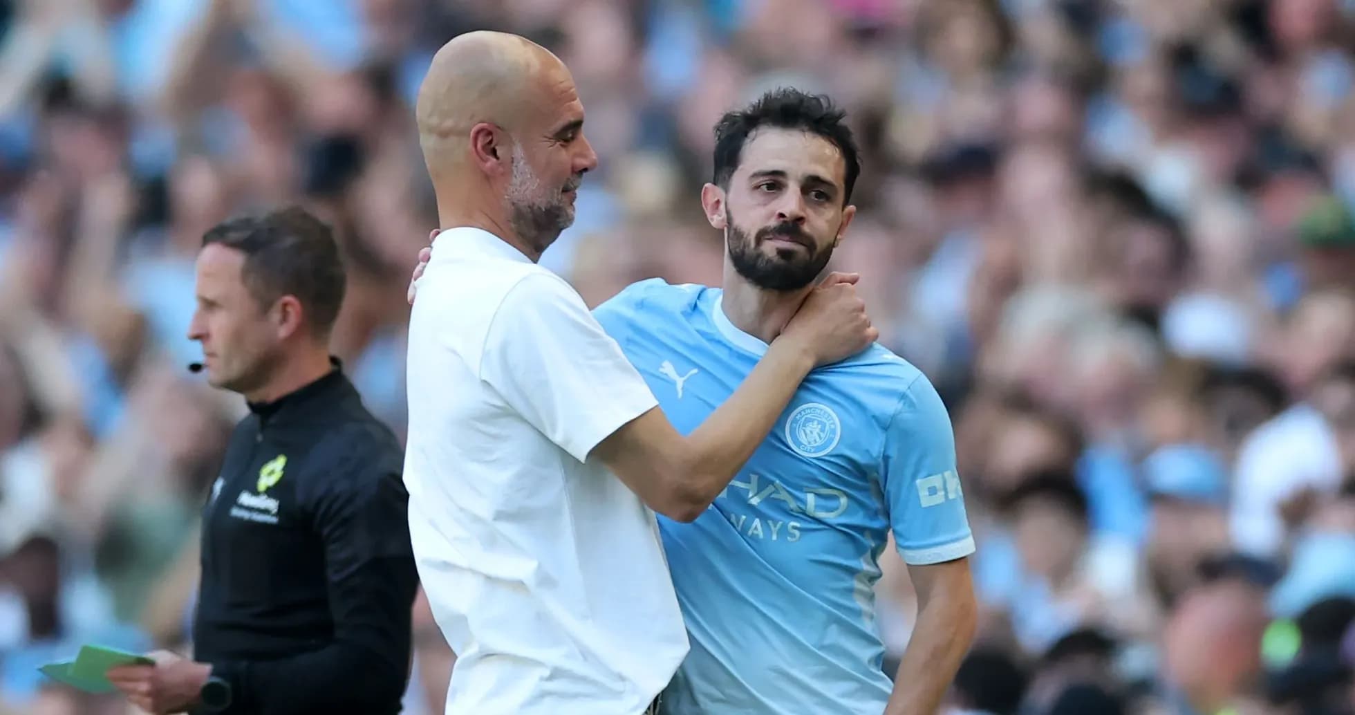 Pep Guardiola embraces Bernardo Silva during match Pep Guardiola embraces Bernardo Silva during match