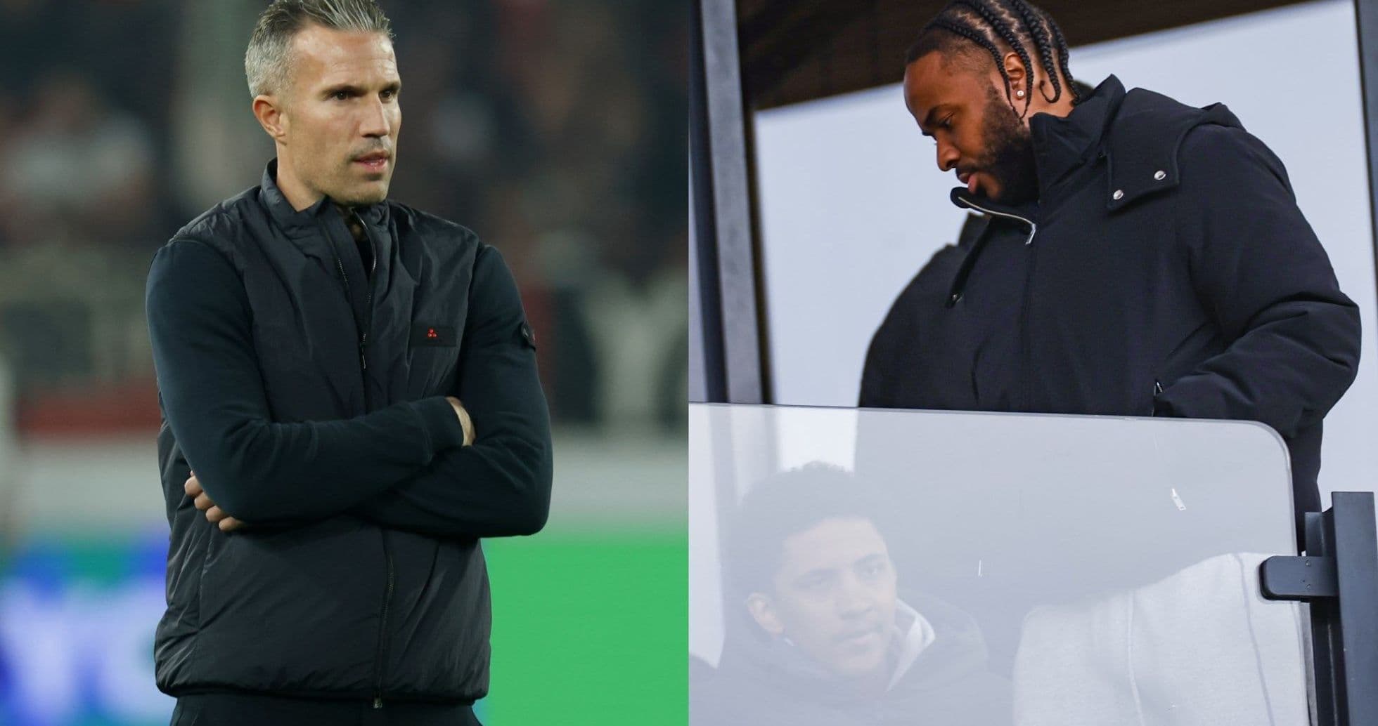 Coach observing match, player in stands watching Coach observing match, player in stands watching