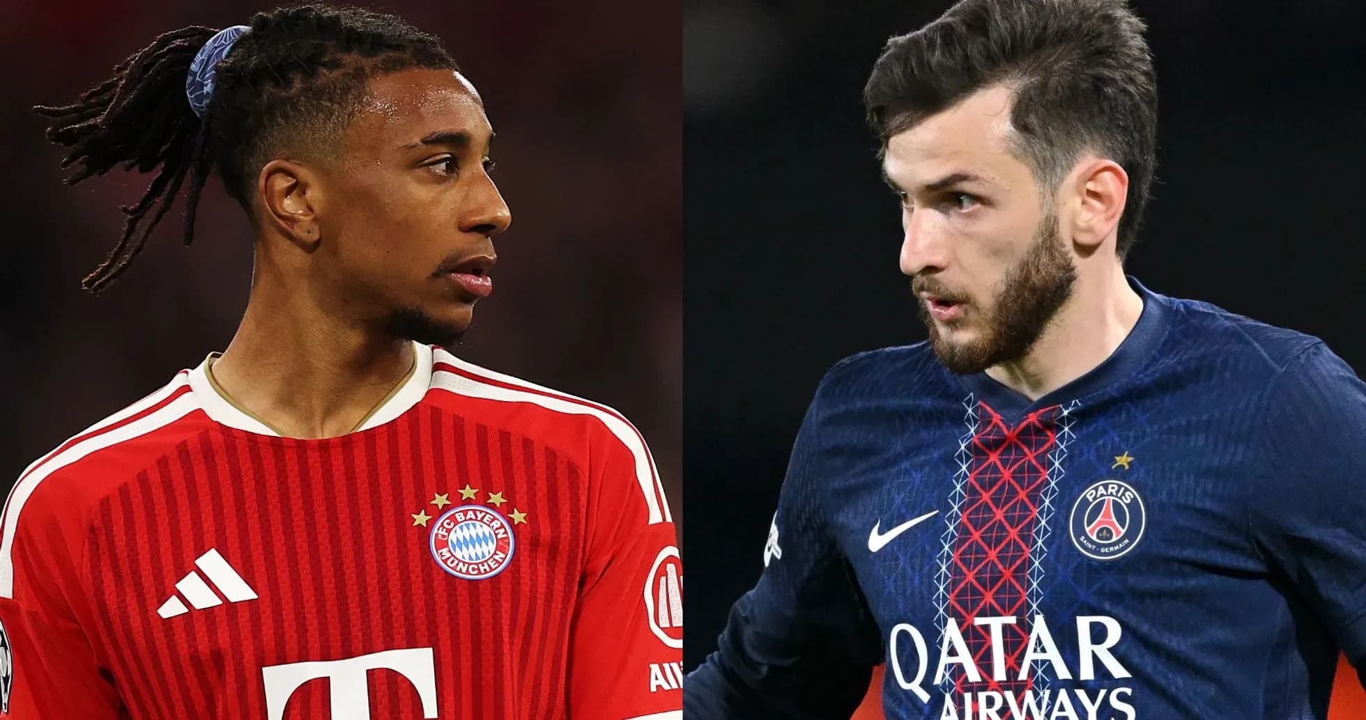 Players from Bayern Munich and Paris Saint-Germain facing each other Players from Bayern Munich and Paris Saint-Germain facing each other