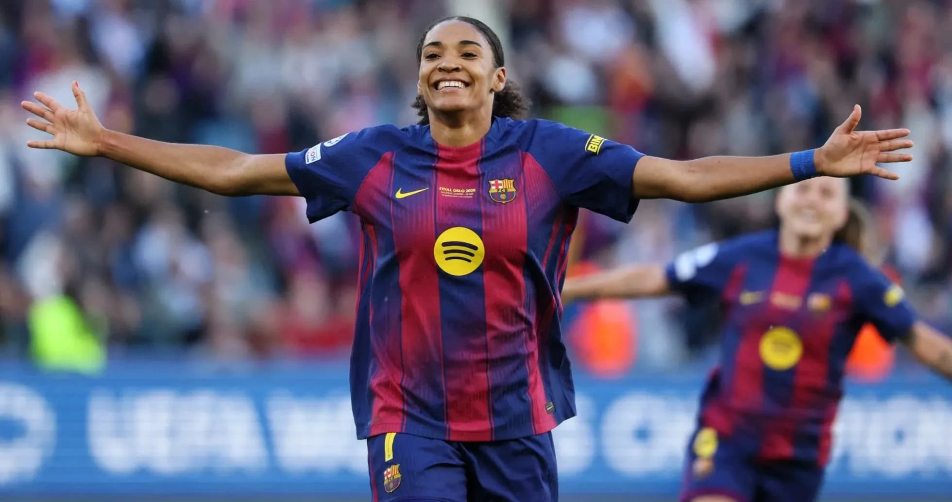 Barcelona player celebrating a goal on the pitch Barcelona player celebrating a goal on the pitch