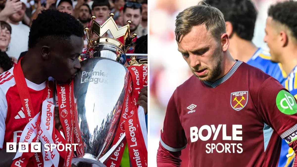 Player celebrating with Premier League trophy, another looking dejected Player celebrating with Premier League trophy, another looking dejected