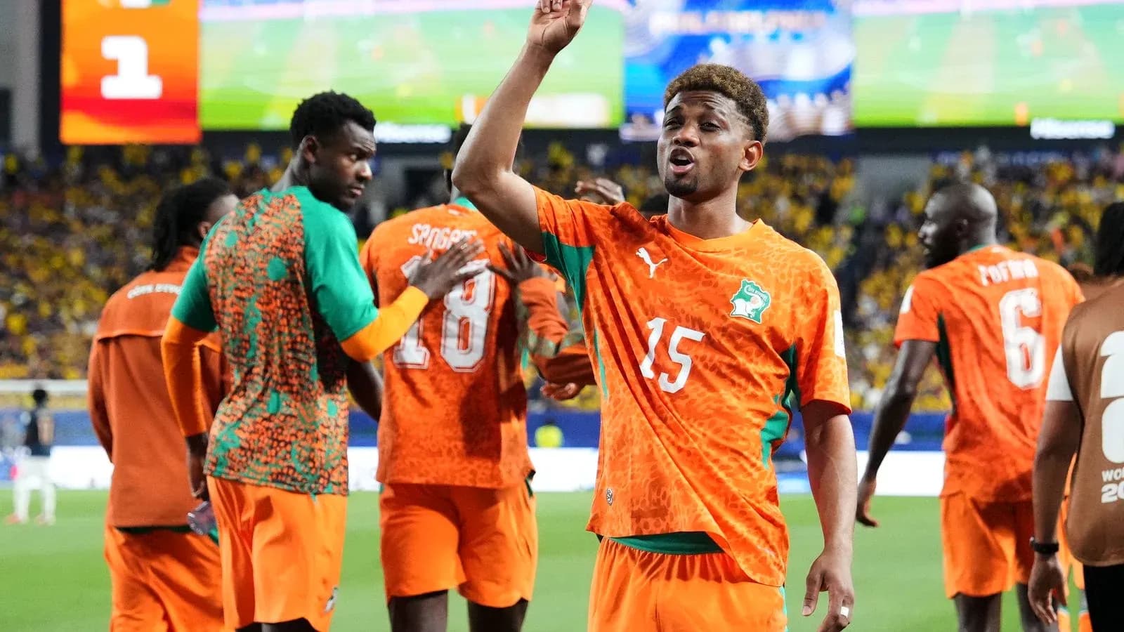 Ivory Coast players celebrating during World Cup match Ivory Coast players celebrating during World Cup match