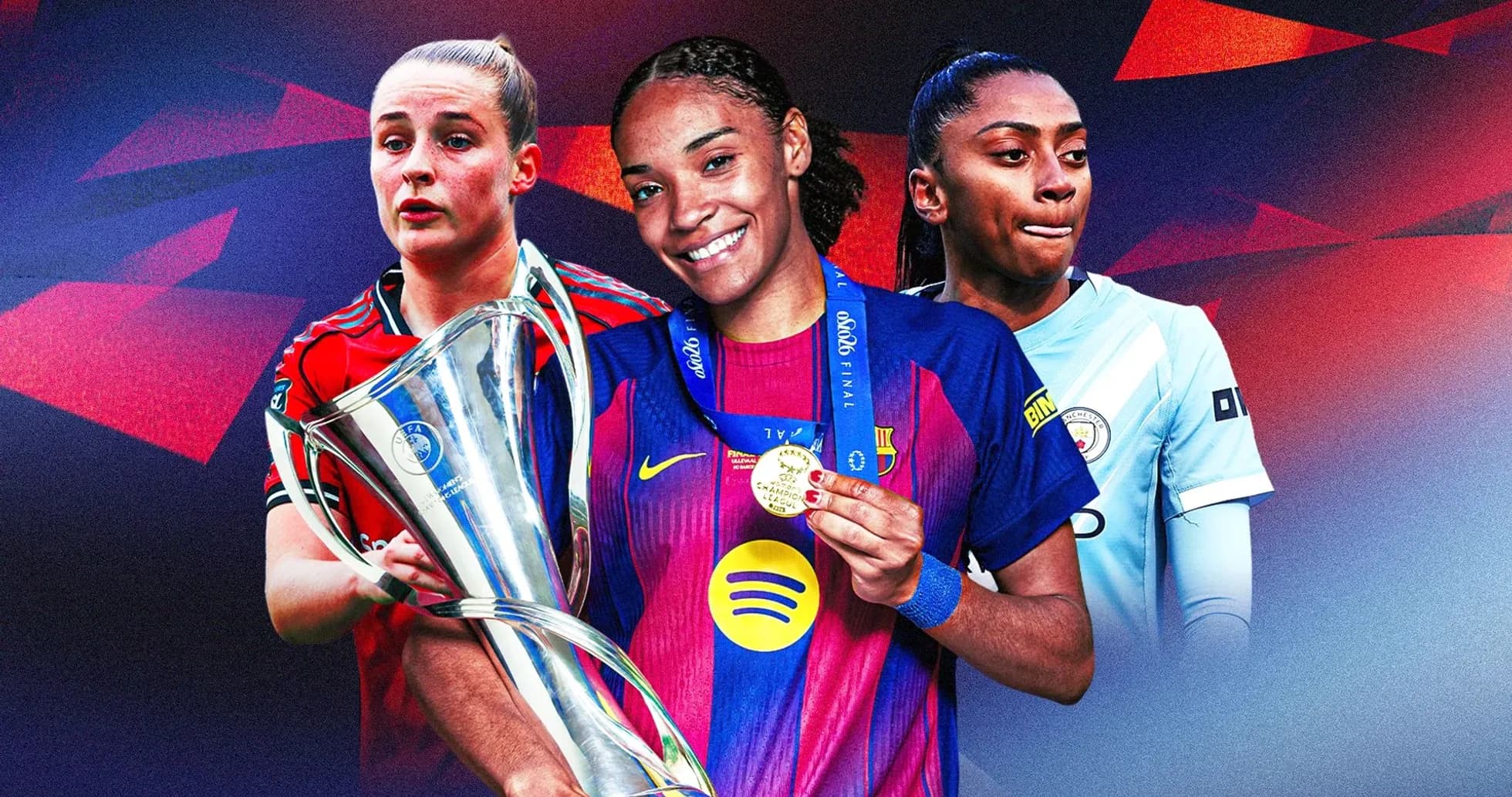 Three female football players with a trophy and medals Three female football players with a trophy and medals