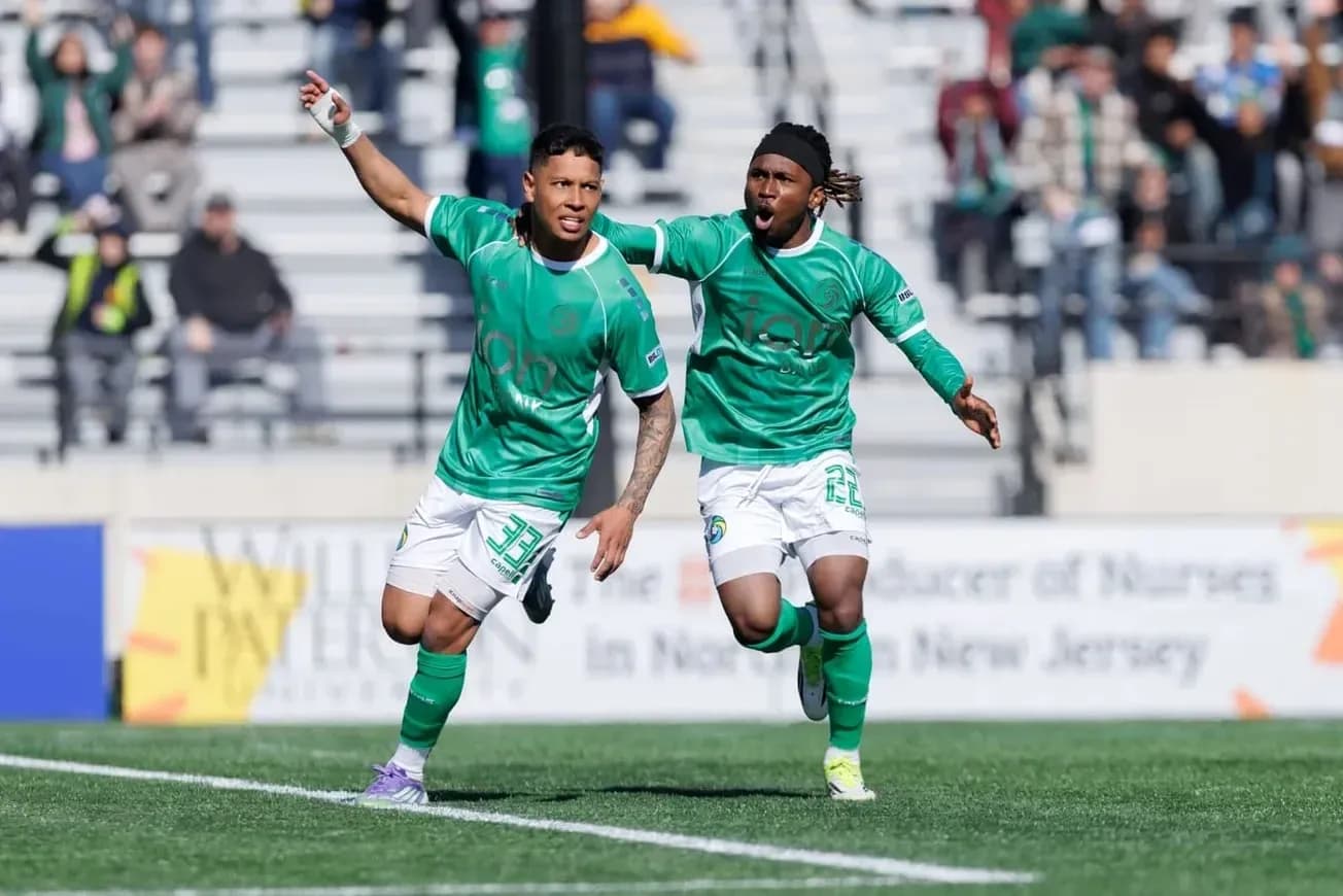 Players celebrating a goal during NY Cosmos match Players celebrating a goal during NY Cosmos match