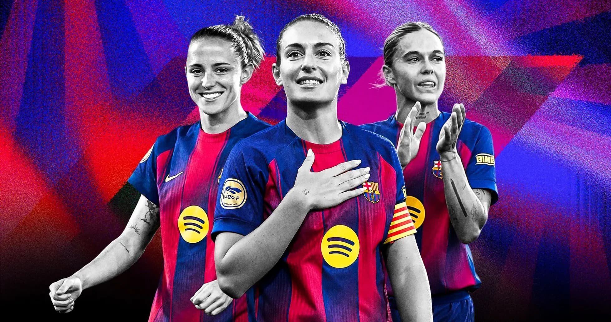 Three FC Barcelona female players in team jerseys Three FC Barcelona female players in team jerseys