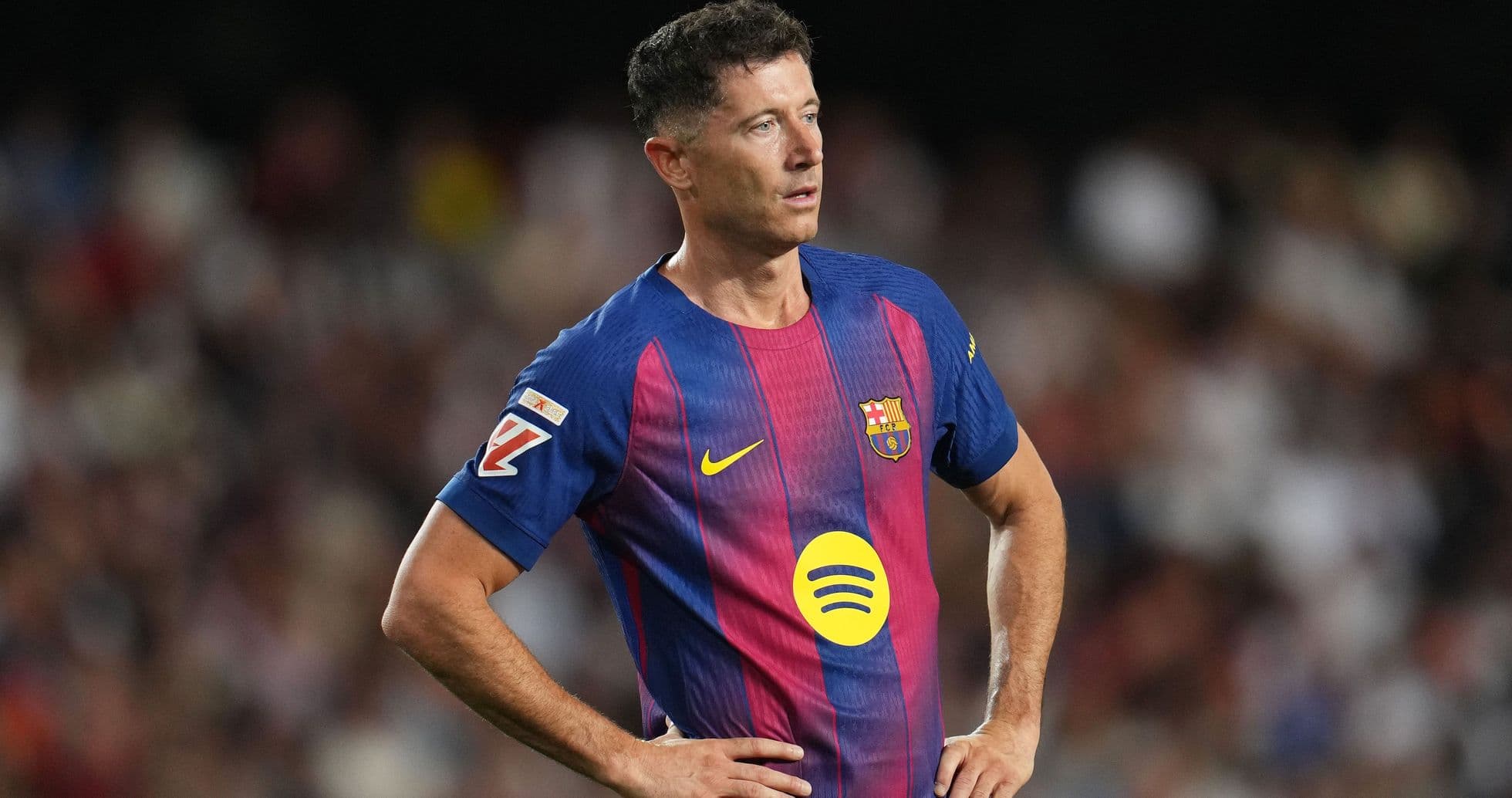 Player in FC Barcelona jersey during match Player in FC Barcelona jersey during match